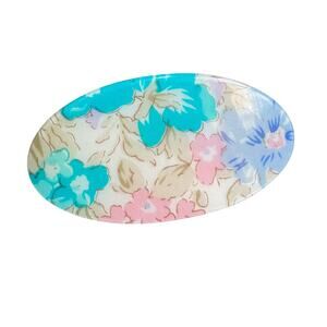 Vintage Oval Shaped Floral Print Pastel Colored Hair Barrette Art Deco 1980s